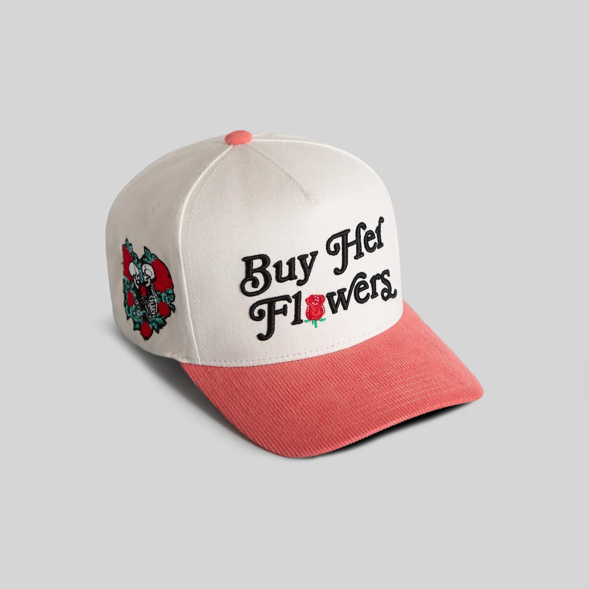 Field Grade Buy Her Flowers Pink Corduroy Trucker | trucker hat | corduroy | adjustable | mesh back | pink | snapback | dad hat | unisex | statement | casual | Trendy Hat 2026 | Streetwear Headwear | Fashion Cap | Summer Hat | Outdoor Cap | Sun Hat