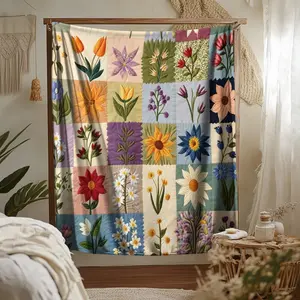 Vintage Floral Patchwork Flannel Throw Blanket - Lightweight Cottagecore Wildflower Quilt-Style Home Decor, Boho Botanical Cozy Tapestry, USA-Shipped Sunflower