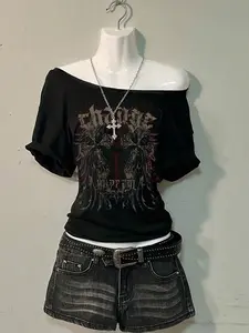 Women's Shoulderless Gothic Fashion T-Shirt, Vintage Cross Wings Print Short Sleeve Top, Slim Fit Street Style Everyday Casual Wear