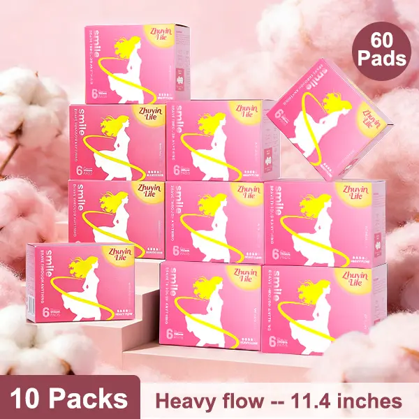 Zhuyinlife Organic Cotton Menstrual Pads 60ct | 10 Packs, 11.4 Inch Overnight Use, 8HR Odor Control, Leakproof, Super Absorbent Unscented, Heavy Flow Night Use