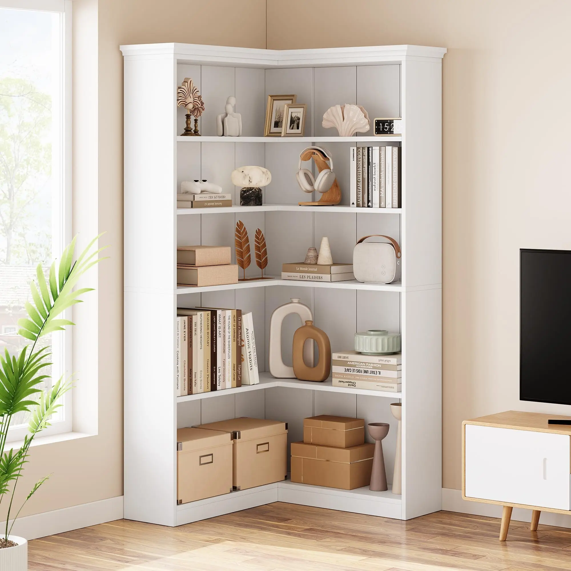 Farmhouse Bookshelf Corner Bookcase 72.8” Large Bookcase Wood Bookshelf Tall L Shaped Bookshelf 5 Tier Corner Shelf Display Rack Etagere Shelf Storage for Office Bedroom (Full Panel, White)