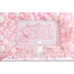 Some Bunny's One 1st Birthday Backdrop |   Pink Plaid Bunny Photo Background |   Soft Fabric Party Decor for Baby Girl First Birthday
