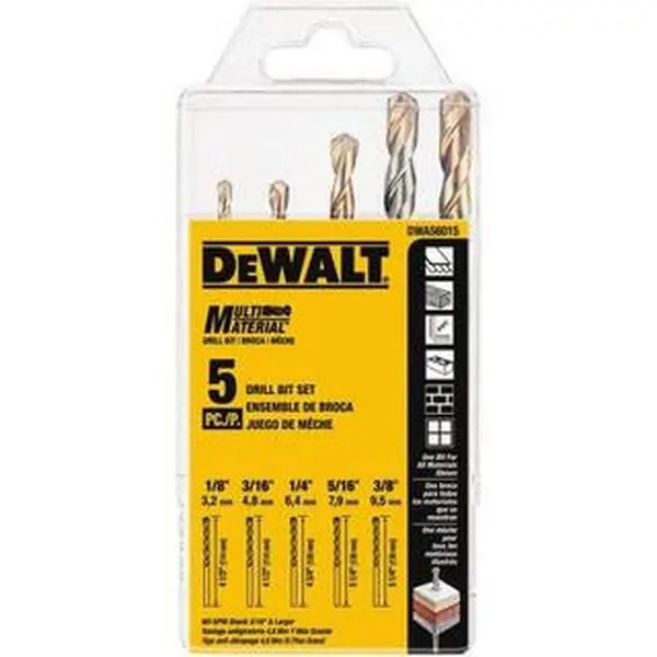 DeWALT 1/8 to 3/8", 135° Point, Carbide-Tipped Hammer Drill Bit Set 5 Piece, Split Point, Round with Flats Shank, 4-1/2, 4-3/4, 5-1/4" OAL DWA56015