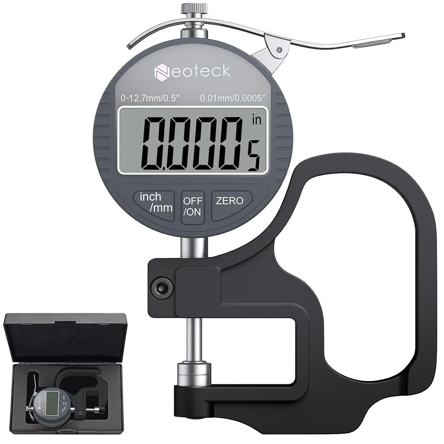 Digital Thickness Gauge 0.5inch/12.7mm,0.0005inch/0.01mm LCD Display with Inch/MM Conversion OneHand Quick Press Thickness Measuring Tool for Leather Paper Fabric Film etc.SilverGrey