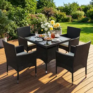 【2 Packages】Costoffs 5-Piece Outdoor Dining Set, Rattan Patio Furniture with 4 Chairs and Tempered Glass Table Featuring Umbrella Hole, Ideal for Garden, Backyard, Deck, or Balcony