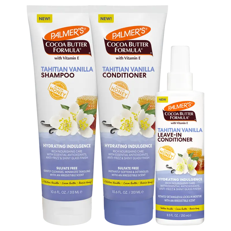 Palmer's Cocoa Butter Formula Tahitian Vanilla Daily Hair Care Bundle with Shampoo, Conditioner and Leave-In Conditioner for Hydrated & Healthy-Looking Hair