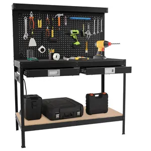 48 in Workbench - Premium Metal Tool Storage Bench with Pegboard, 2 Drawers, Under Shelf, Power Outlet & Hanging Accessories, Multifunctional Work Table for Garage Workshop Basement, Black