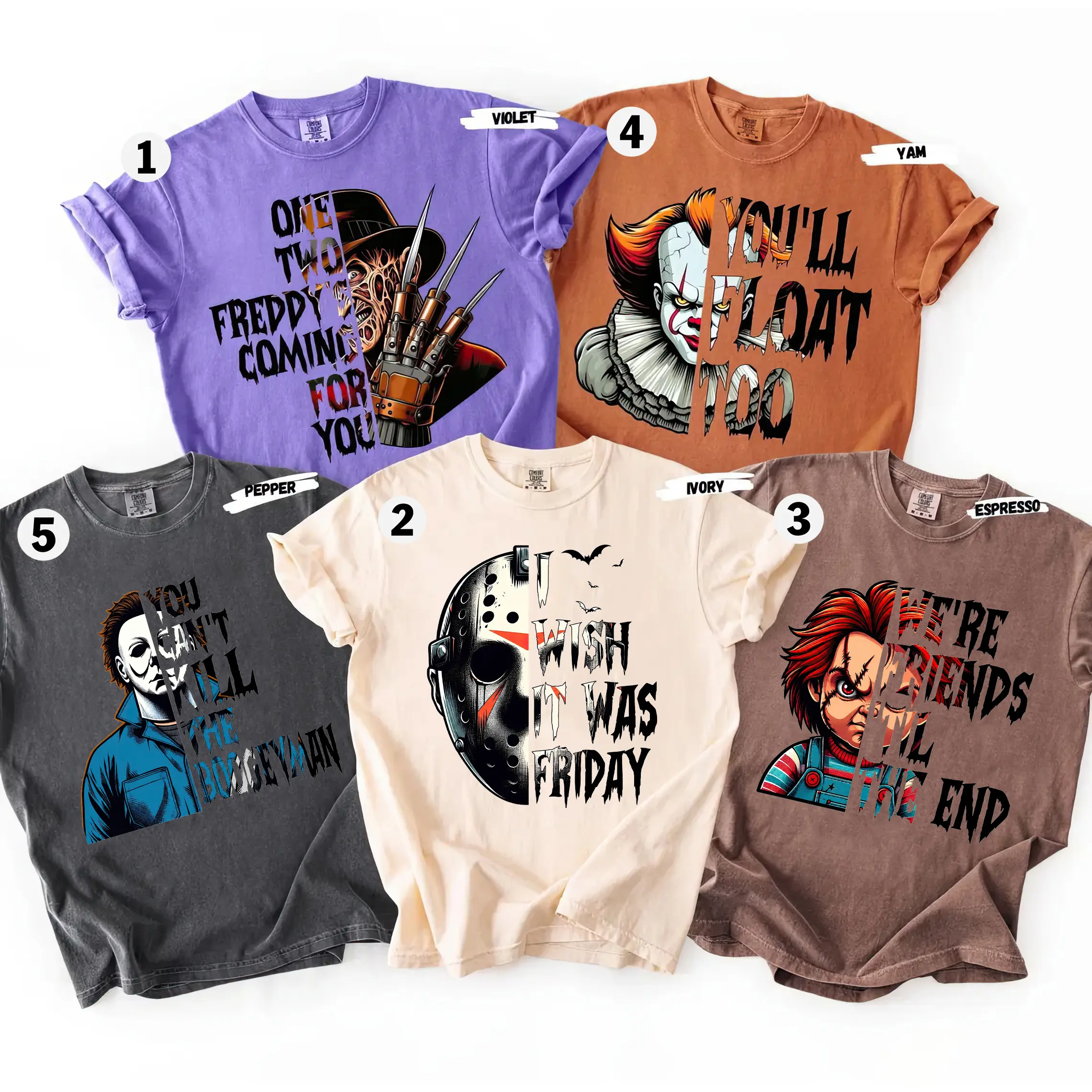 Retro Horror Movie Characters Halloween Shirts, Matching Murders Halloween Party Tees, Myers Chucky Voorhees Freddy Pennywise Group Tees