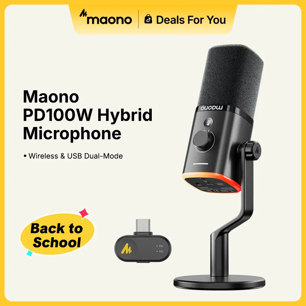 【Back To School】MAONO PD100W Wireless & Wired Gaming Microphone -Saving Desktop Mic with Charging, High-Quality Audio, Quick Mute, Headphone Jack, Gain Knob, Volume Control, Dynamic RGB for PC Gamers, Compatible with PCs, Smartphones, Laptops, PS4, PS5