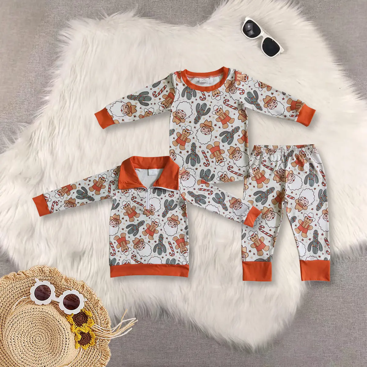 New Cute Sibling Matching Sets Kids Christmas Pajamas Set Cactus Gingerbread Santa Western Pajama Tops for Children's Holiday Wear Children Clothes