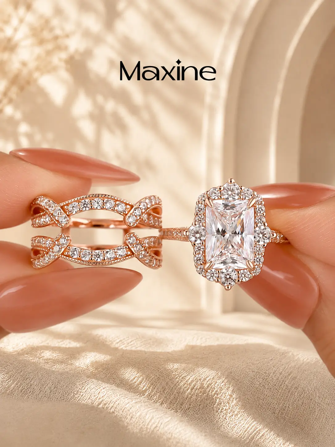 Maxine Vintage 3.0ct Radiant Cut Insert Wedding Ring Set,Halo Engagement Ring Matching Nesting Stackable Wedding Band Set