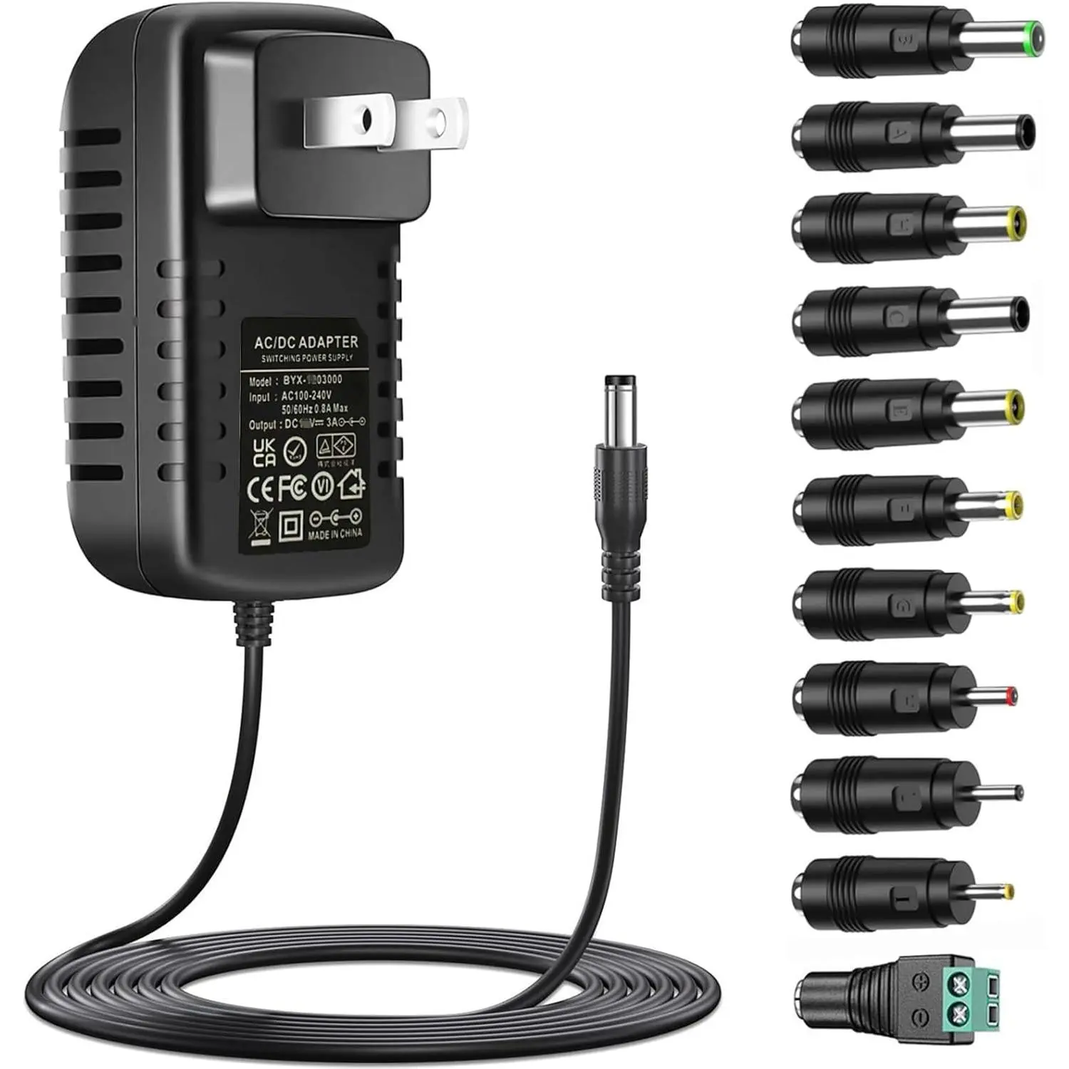 Universal DC15V 3A Power Supply with 11 DC Plug Tips AC120V to DC15Volt 3000mA 2500mA 2000mA 1500mA 1000mA Switching Power Adapter Cord 15v AC Adapter Charger Transformer 5FT