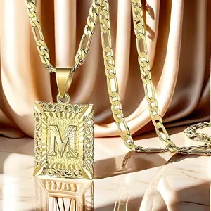 [Golden Necklace] 14K Golden Initial Letter Pendant Necklace |     Unisex Design for Men & Women, Square Alphabet Figaro Chain with Ornate Detailing |     Polished Finish, Golden Alphabet, Perfect for Casual Attire or Gifting
