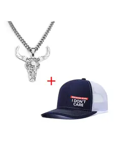 Unisex Baseball Cap & Bull Head Necklace Set, Casual Fitted Design, All-Season Wear, Adjustable Trucker Style, Perfect Christmas Gift, Adjustable Trucker Hat, Adjustable Outdoor Cap