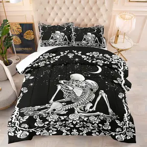 Skull Floral Comforter Set,Including 1 Quilt and 1 or 2 Pillowcases Without Pillows,Suitable as Fashionable Bedding Set for Family or Friends,Soft and Warm Bedroom Decoration