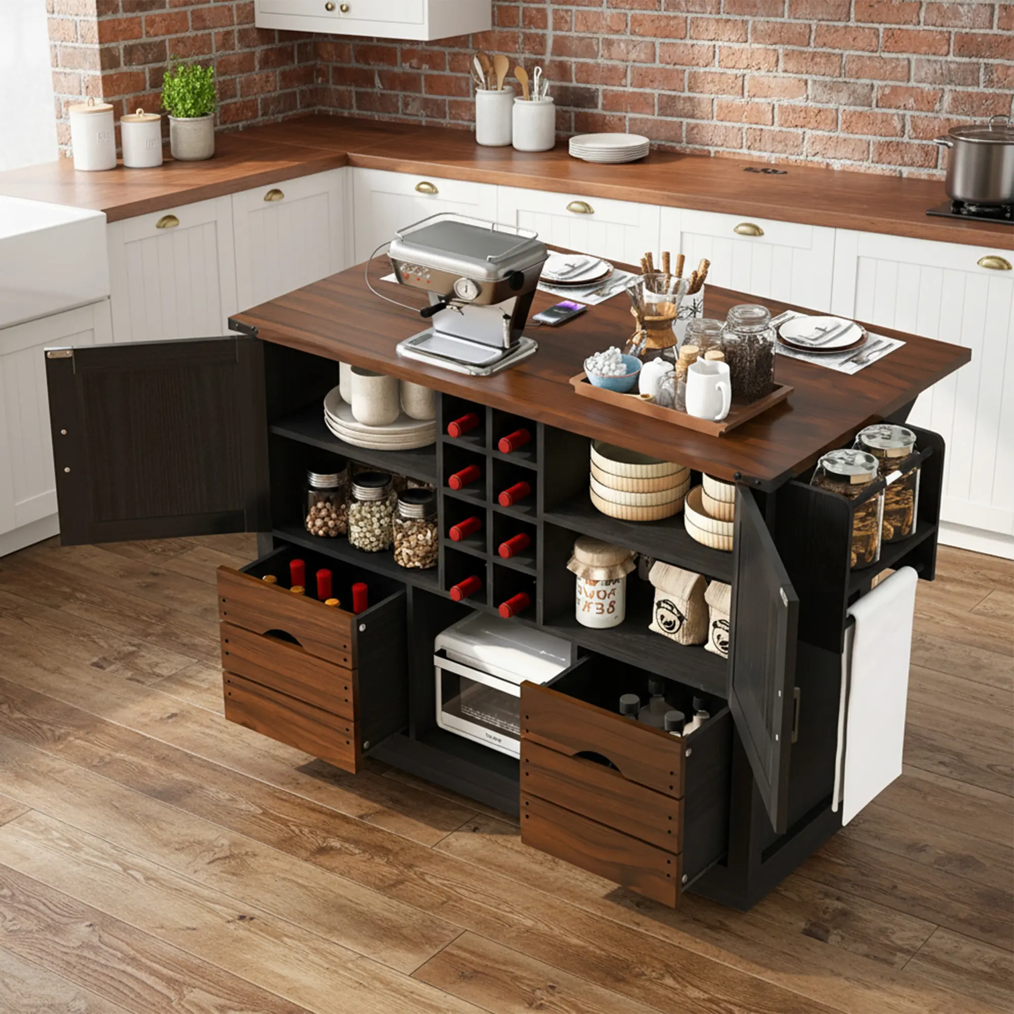 54"Farmhouse Rolling Kitchen Island with Drop‑Leaf Countertop & Power Outlet, Mobile Kitchen Storage Cart with 2 Doors, 2 Drawers, Spice Rack & Large Casters for Kitchen & Dining Room，Black