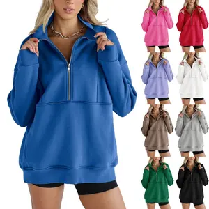 Goranbon Women's Half Zip Sweatshirts Fleece Stand Collar Long Sleeve Thumb Hole Oversized Pullovers with Pockets