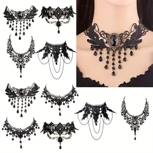Pack of 10 Black Gothic Lace Choker Necklace | Elegant Steampunk Teardrop Pendants, Vintage Style, Halloween Decor