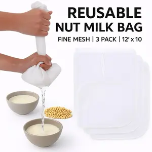3 Pcs Nut Milk Bag 12"x10" – Reusable Nylon Cheese Cloth for Straining Juice, Almond Milk, Coffee, Yogurt, Tea & Cold Brew – Fine Mesh Filter Cheesecloth Bags for Kitchen
