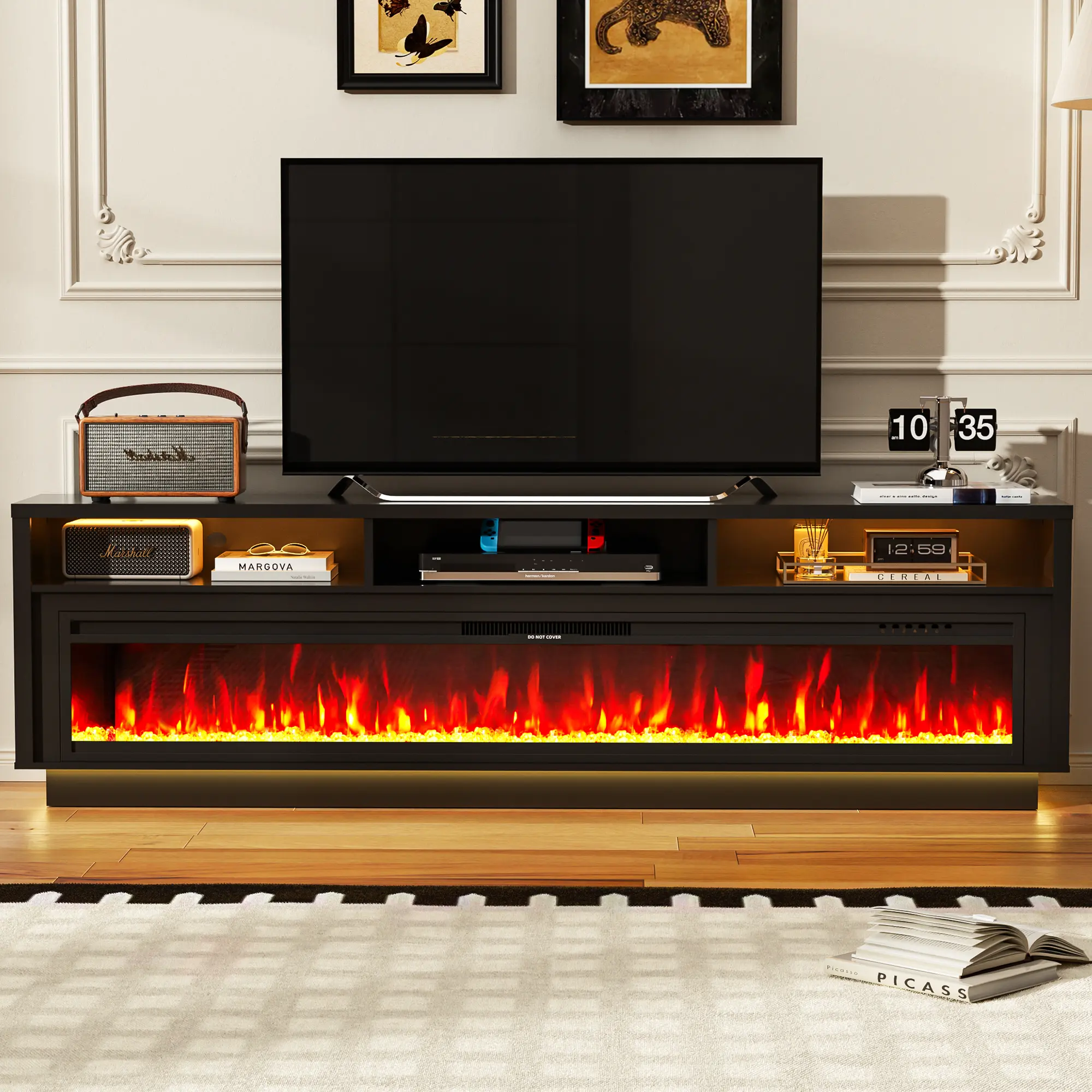 【2 Packages Shipping】AHB 70" Fireplace TV Stand for TVs Up to 80", 36" Electric Fireplace Entertainment Center with LED Lights, Storage Cabinets and Media Console Table homeessentials
