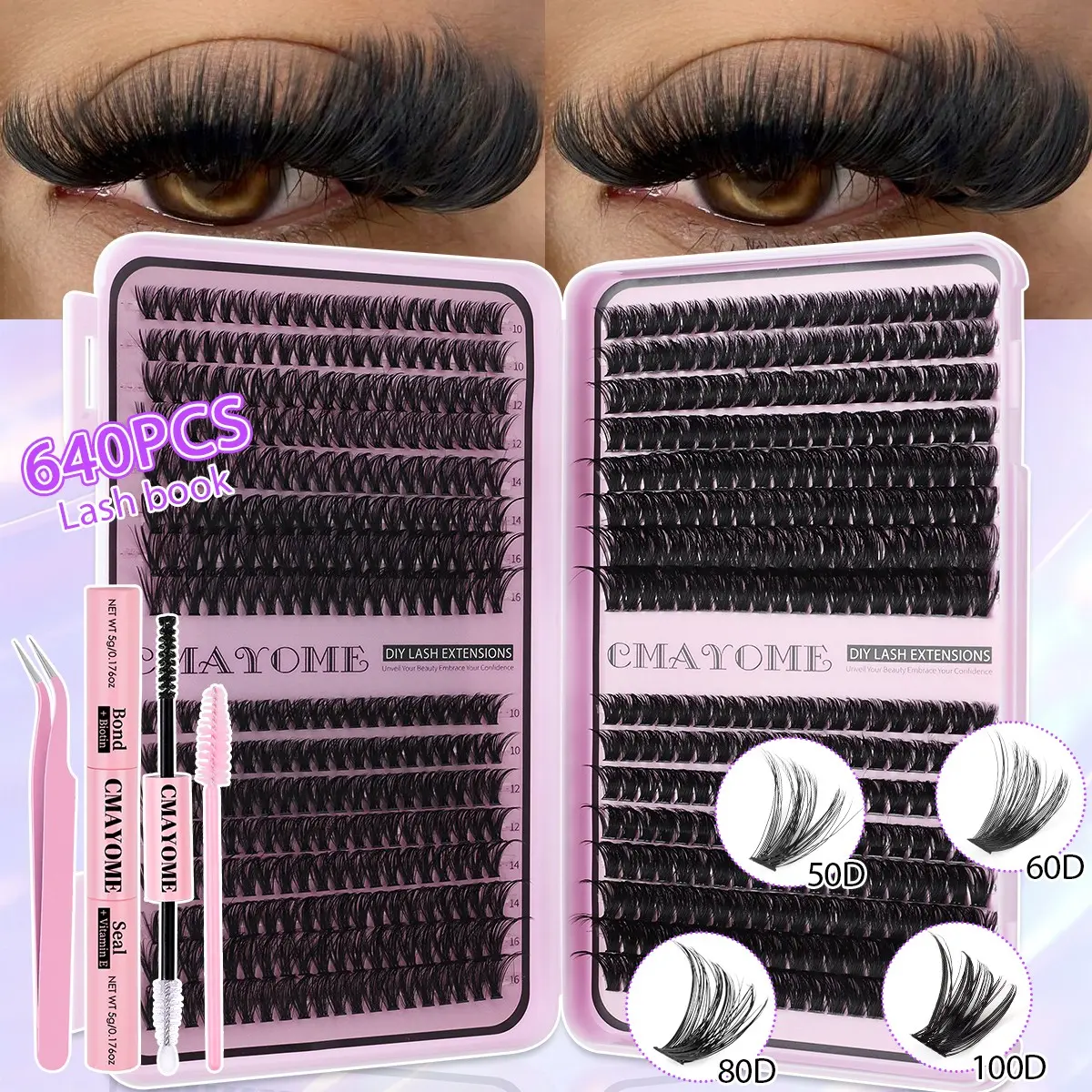 640 Pcs 10-16mm DIY Lash Extension Set, Wispy & Volumized, Fluffy Volume Eyelashes, Ultra-Soft with Faux-Fur Texture, Tapered Cat-Eye Effect, 10D-100D Mixed Density, Beginner-Friendly Lash Set for Daily/Festivals, Eyelash Extensions
