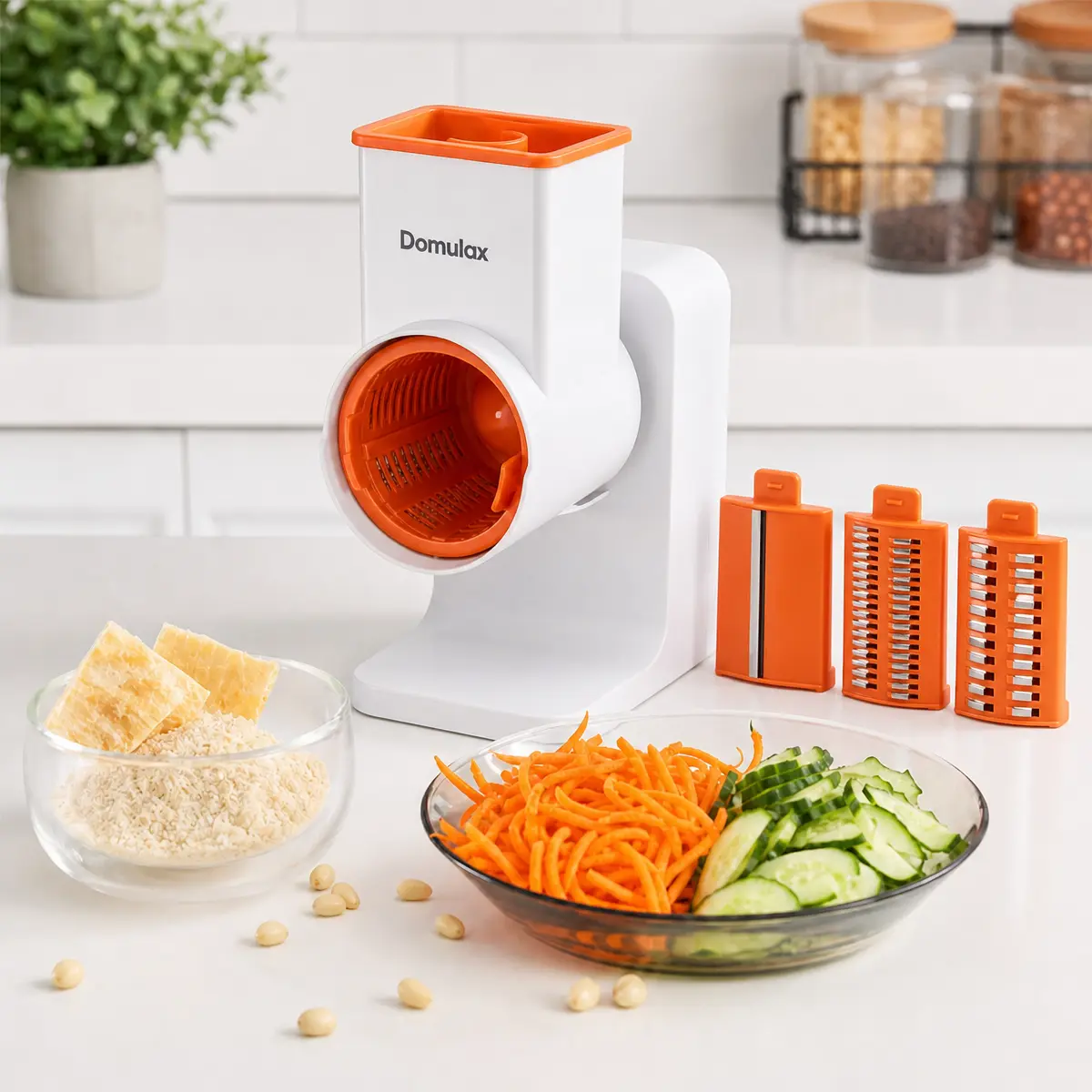Domulax Electric Cheese Grater Wireless - Automatic Salad Maker, Electric Vegetable Slicer Shredder Rotary Grater with 4 Stainless Steel Blades for Cheese, Hash Browns, Veggies, Type-C Rechargeable