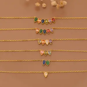 Custom Birthstone Necklace Dainty Teardrop Pendant Gold 18K Plated Family Jewelry Personalized with Birthstones for Love Luck and Protection