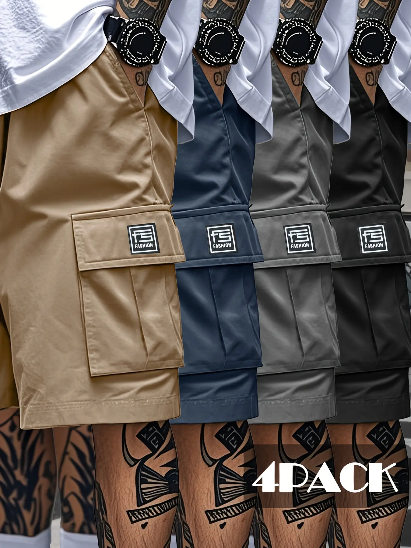Men’s 4-Pack Cargo Shorts — Multi-Pocket Design, Loose Fit, Non-Elastic, Solid Color Work Shorts — Casual, Relaxed Fit, Suitable for Summer Outfits