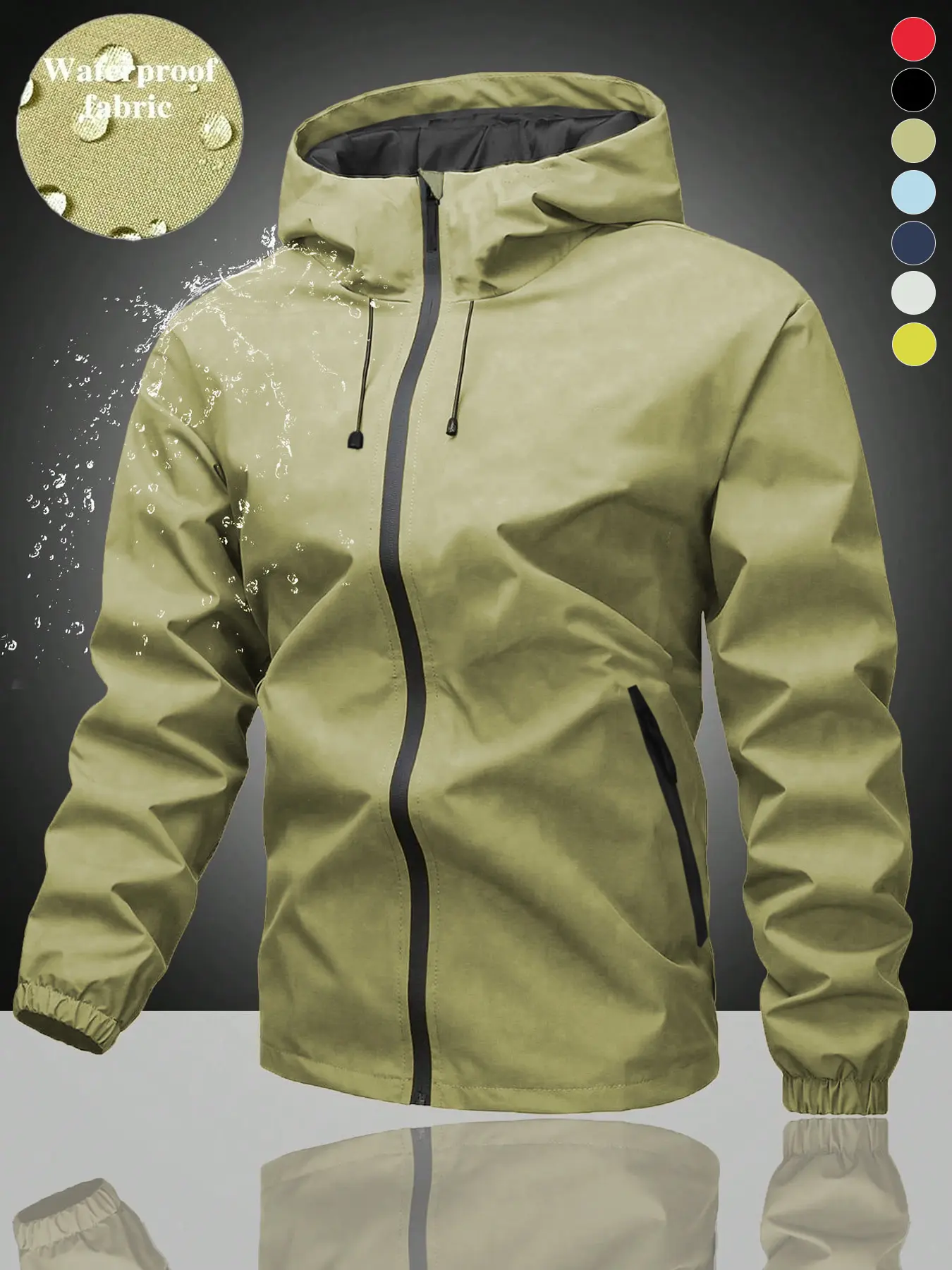 Men's Waterproof Windproof Drawstring Zipper Hooded Jacket, Outdoor Sports Coat, Hiking, Daily Wear, All Seasons, Fitted Style
