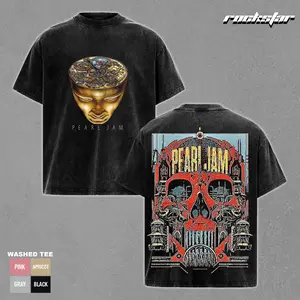 Pearl Jam Mechanical Skull Vintage Washed T-Shirt Oversized Graphic Tee Streetwear Rock Band Merch Distressed Heavyweight Cotton Shirt Men Women Red Gold Y2K Retro Concert Fashion