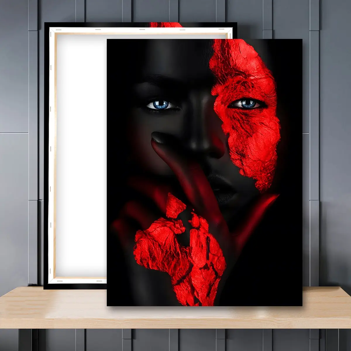 1pc Wooden Framed, Abstract African Woman Portrait Canvas Art Poster, Red Black Texture Face Print, Abstract Face Design, Modern Wall Art Canvas Painting, Ideal For Bathroom, Bedroom, Office, Living Room, Home Decoration, Artistic Indoor Decoration