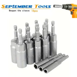 14-Piece Set 6-19mm Deep Hex Socket Adapter Kit, Hex Shank Nut Driver Bit Set, Magnetic Hex Socket Set for Drill Bits Installation, Drive Sockets