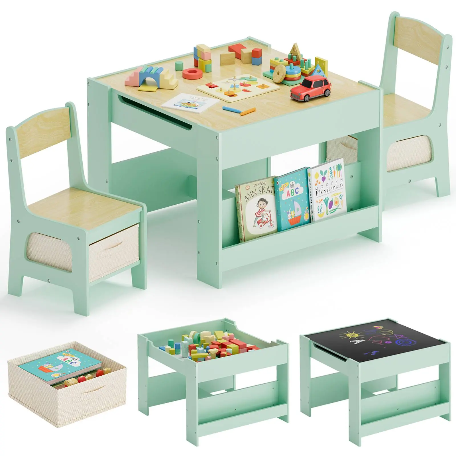 Arlopu Kids Table and Chairs Set, 4 in 1 Toddler Art Desk with Storage Drawer, Wooden Activity Deskboard, Blackboard, Reversible & Detachable Tabletop, Bookshelf for Drawing, Reading summerwins
