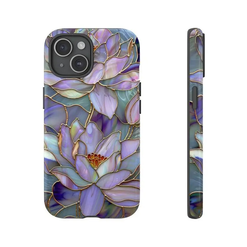 Stained Glass Effect Lotus Flower iPhone 15 Case - Dual-Layer Rubber & Polycarbonate Casing, Shockproof, Gloss Finish, Wireless Charging Ready, Custom Natural Aesthetic High-Quality Mobile Phone Accessory
