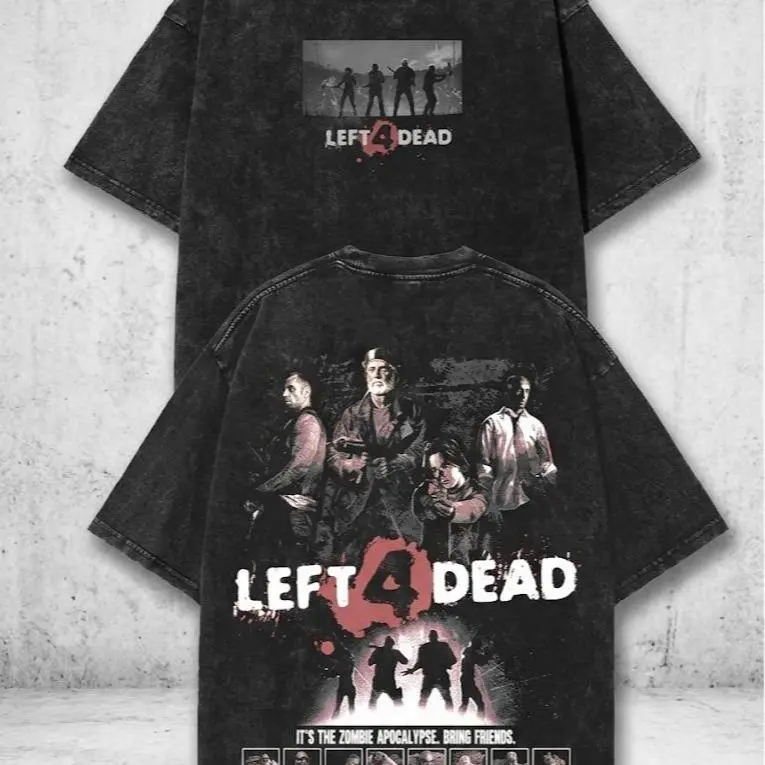 Unisex Vintage Acid Wash Left 4 Dead T-Shirt Retro Gamer Zombie Graphic Tee Oversized Y2K Streetwear Top Crewneck