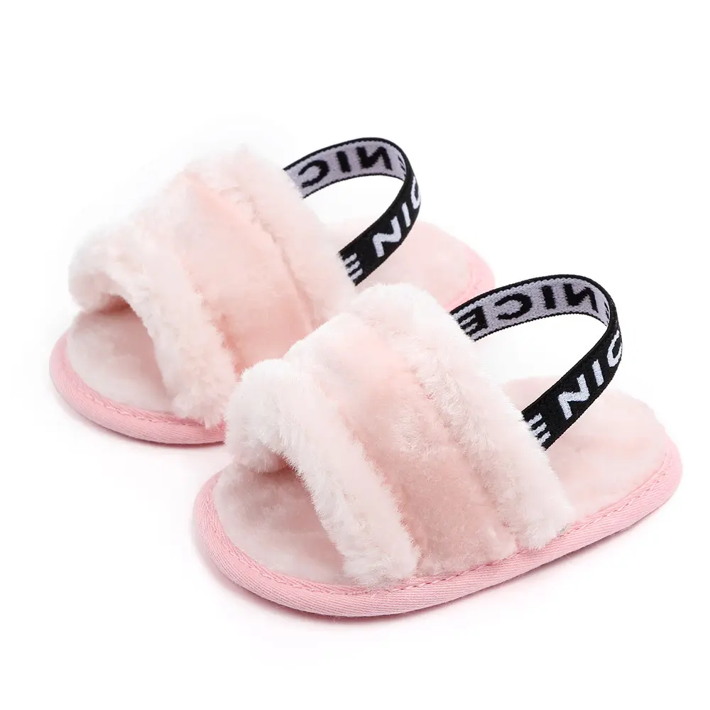 Kids' Cotton Breathable Plush Cross-Band House Slippers - Fuzzy Open-Toed Flat Shoes for Toddlers with Lightweight Non-Slip Flat Soles for Indoor/Outdoor Use, All Seasons