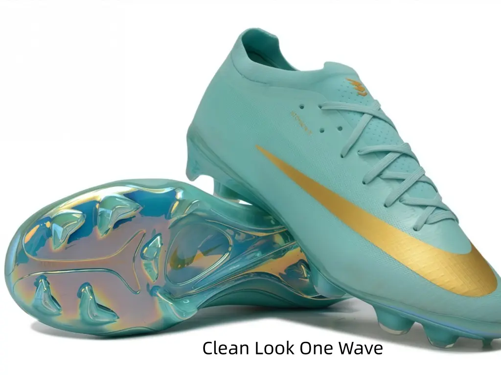 Soccer Cleats Collectible - Fresh Pale Cyan Low-Cut, Gold Detailing, Translucent Light Blue Studs, Graphic, Elegant, Unique Look for Grass Pitches