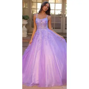 NOX H1271 Women's Formal Prom Ballgown Clothes - Sleeveless Thin Spaghetti Straps, Long Scoop Neck, Sequin Embroidered Glitter Tulle Fabric, Sexy A-Line Silhouette, Corset Bodice, Mesh Sheer Panels, Back Zipper Closure