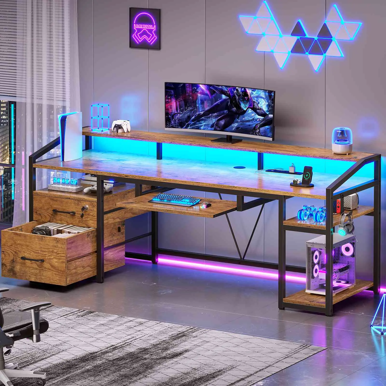 Sedeta 63-inch Modern Rectangular Metal Wood Computer Desk - Commercial Office Furniture with Locking Drawer, LED Lights, Power Outlet, Storage, Waterproof Durable Tabletop Workstation (Requires Assembly for Home Office Use, Space-Saving)