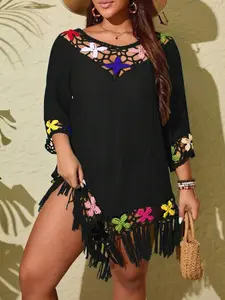 Plus Size Crochet Floral Tassel Cover-Up Dress - Long Sleeve Beach Tunic