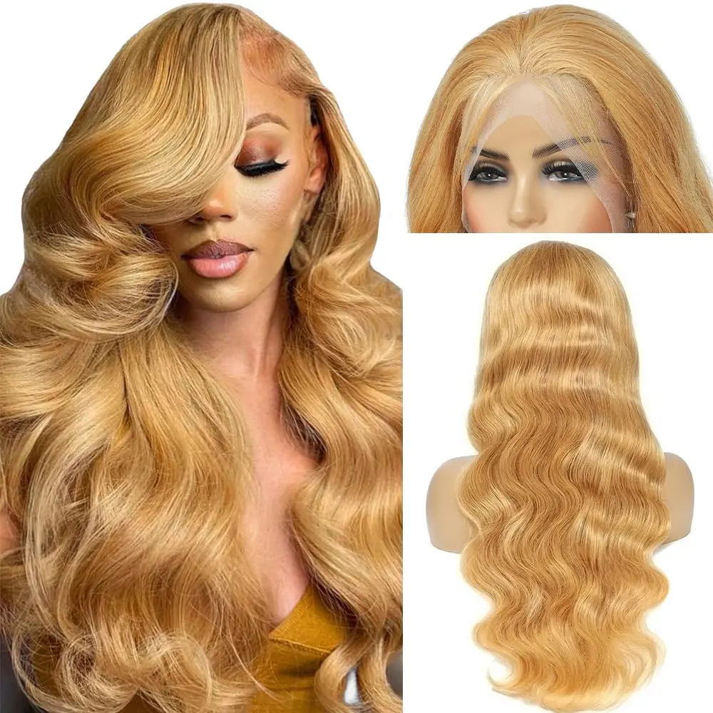 13x6 Honey Blonde Lace Front Wig Human Hair Pre Plucked Body Wave Honey Blonde Wig Human Hair 180% Density Lace Frontal Wigs Colored 27# 32 Inch