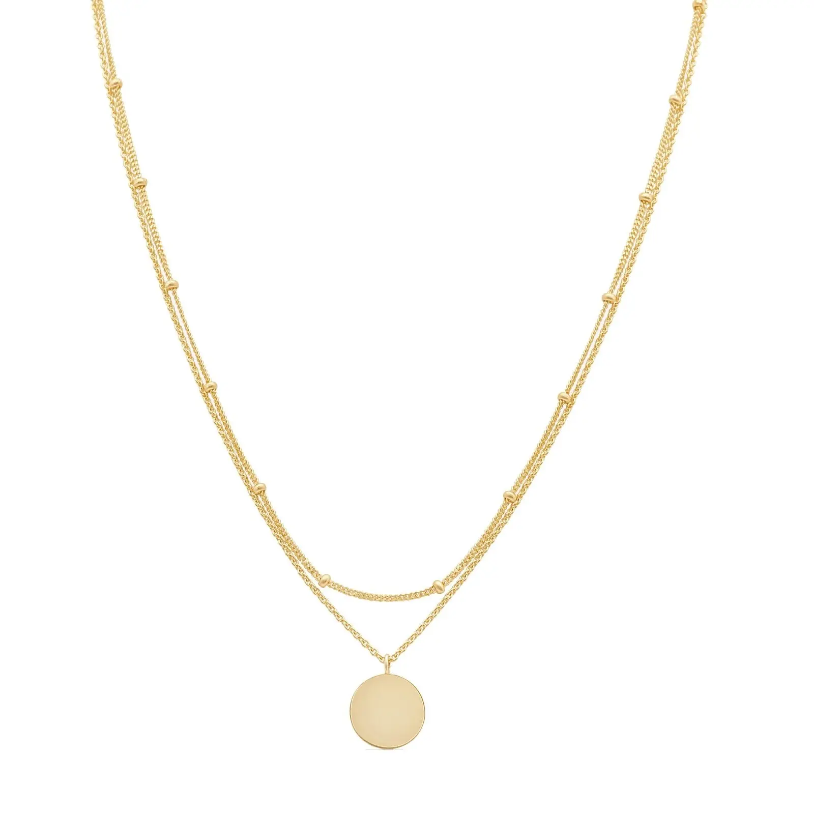 Beaded Double Wrap Medallion Necklace in Solid 14k Yellow Gold