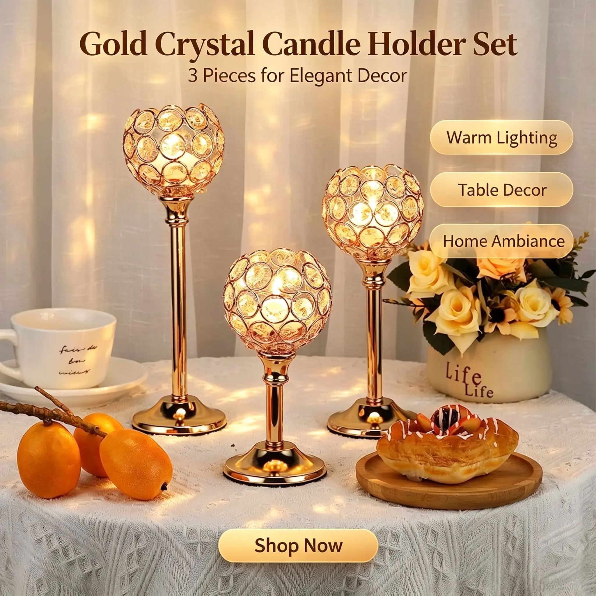 Set of 3 Crystal Metal Tealight Candlestick, Bling Bowl Candelabras, Tall Crystal Votive Candle Holders Elegant Crystal Candle Centerpiece for Dining Table Wedding Decor (Set of 3, Gold)
