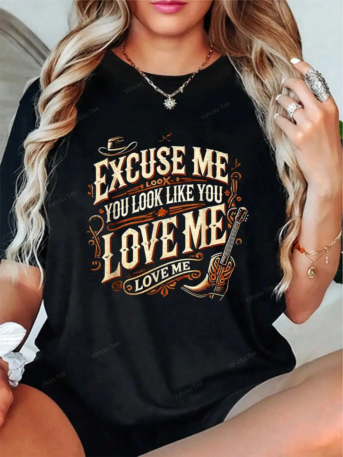 Women's "Excuse Me You Look Like You Love Me" MEME Cute Graphic T-Shirt - Casual Round Neck Clothes, Loose Short-Sleeve Streetwear, Summer Festival Outfits, Style, Top, Cotton, Graphic Print, Memetic Text