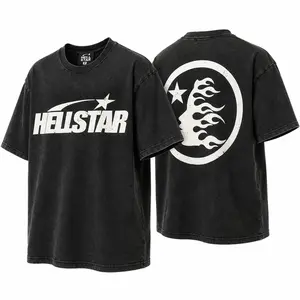 Hellstar Washed Graphic Tee Vintage Streetwear T Shirt, Flame Face Back Print Oversized Tee, Y2K Fashion Graphic Shirt, Good Graphic Tees For Men