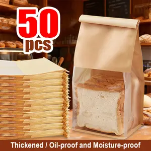 50 Self-Made Bread Paper Bags, Acid Bread Window Paper Bags, Thickened 50%, Large Size Baking Bags, Packaging Paper, Store Cookies, Snacks