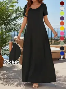 Plus Size Women's Basic Solid Color Long Dress, Casual Vacation Daily Wear, Large Round Neck with Pockets, Versatile One Piece