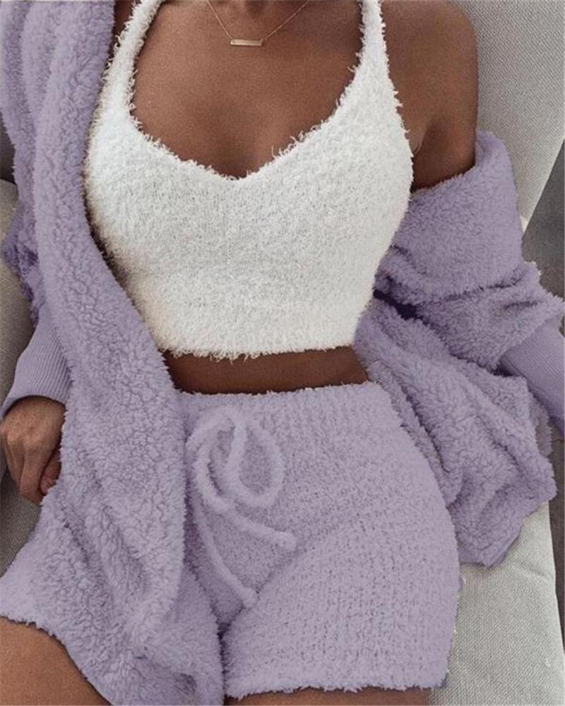 3pcs Womens Clothing Long Sleeve Crop Tank Top And Drawstring Shorts Pajama Set 3pcs Womens Clothing Long Sleeve Crop Tank Top And Drawstring Shorts Pajama Set