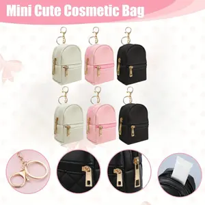 3\6 Pcs Mini Backpack Cute Cosmetic Bag for Women,PU Leather Makeup Bag Key Pocket Lipstick Bag Card Holder Data Cable Organizer Zipper Pouch,Black Beige Pink