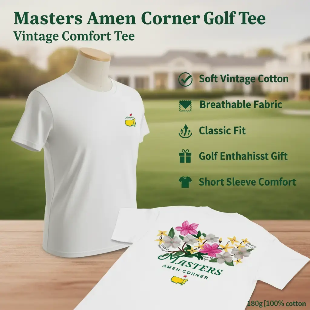 Men's Masters Amen Corner Golf Collared Neck T-Shirt - Soft Vintage Cotton, Breathable, Classic Fit Tops, Casual Menswear, Trendy Sportswear Gift 180g for Golf Enthusiasts, Short Sleeve, Shortsleeve, Golf Logo Men's Short-Sleeve T-Shirts